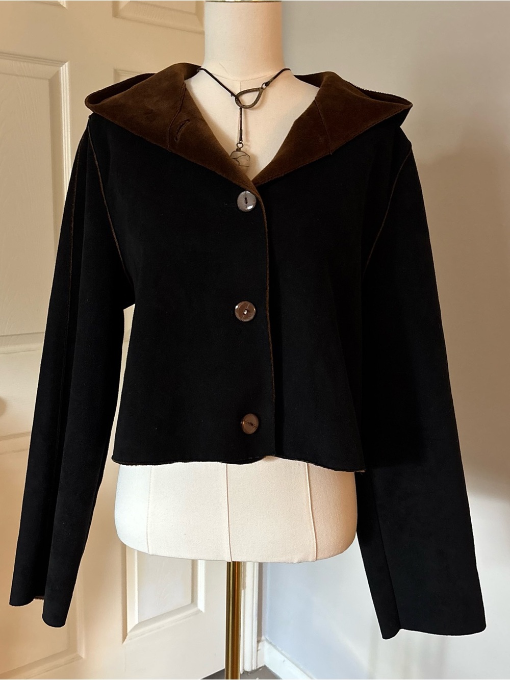 Vintage 90s Bernardo Black Brown Hooded Cropped Jacket M